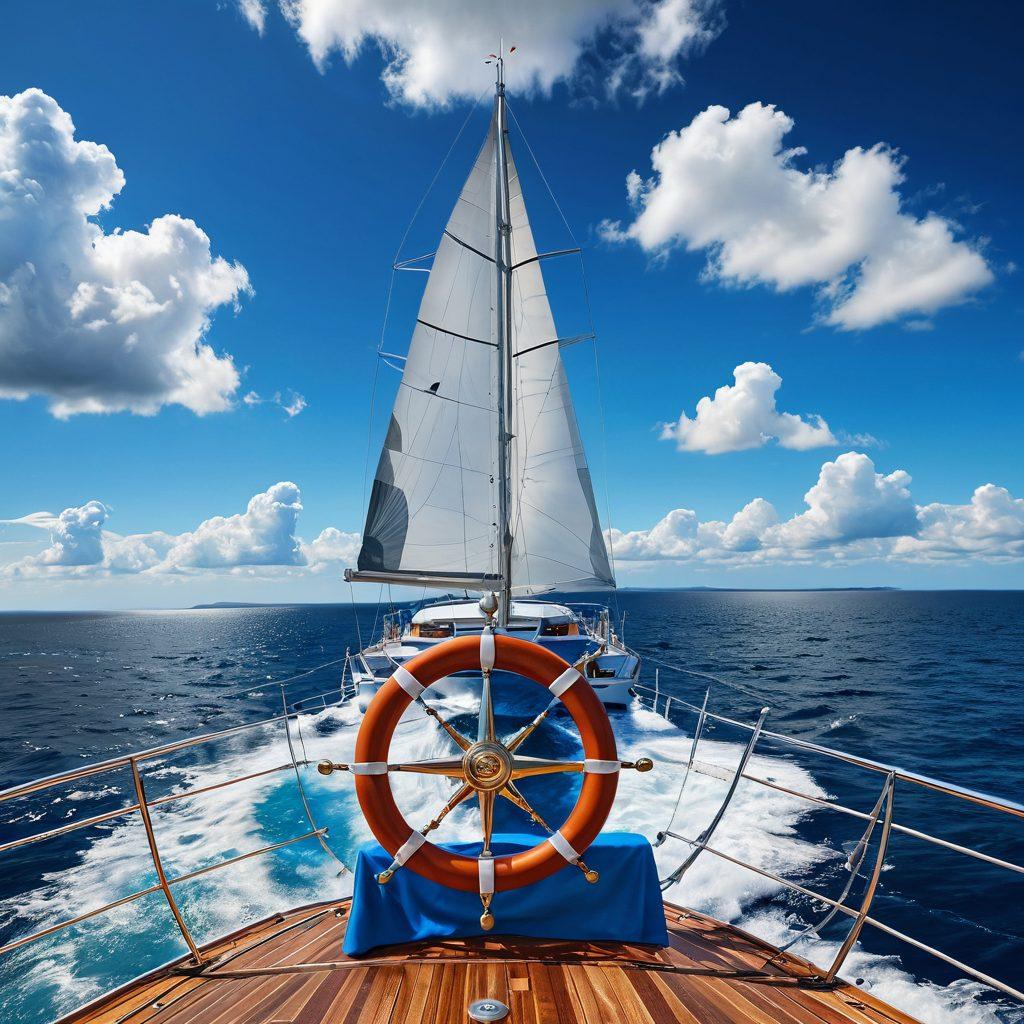 A beautiful, serene yacht sailing on calm blue waters, surrounded by a picturesque coastline; feature a compass rose overlay to symbolize navigation and protection; highlight essential marine elements like life jackets and safety flares on the deck; a clear blue sky with fluffy clouds above. super-realistic. vibrant colors. 3D.