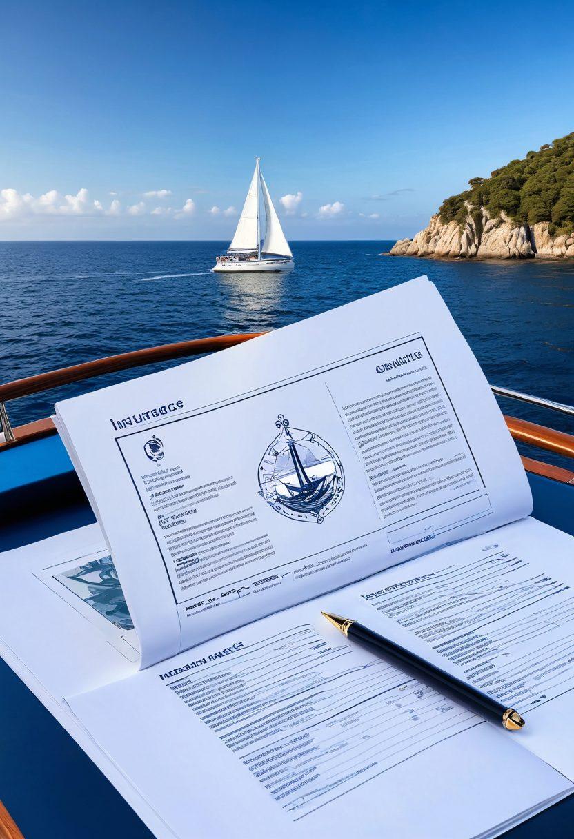 A serene seascape featuring a luxurious yacht sailing on calm waters, surrounded by beautiful islands and a clear blue sky. The yacht is adorned with various insurance symbols, such as shields and check marks, subtly integrated into the design. In the foreground, an open guidebook lies on the deck, showcasing informative charts and diagrams about yacht insurance. Emphasize a sense of adventure and tranquility. super-realistic. vibrant colors. 3D.