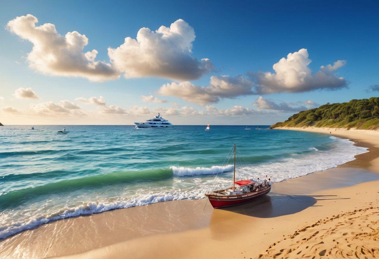 A serene seaside landscape featuring a luxurious yacht anchored near a golden shore, with gentle waves lapping at the sand. In the foreground, a diverse group of happy sailors and their families are enjoying their time by the water, showcasing the freedom of ocean adventures. The background boasts a clear blue sky with fluffy clouds, while subtle symbols of insurance (like a shield or document) are artistically integrated into the scene. nautical theme. vibrant colors. super-realistic.